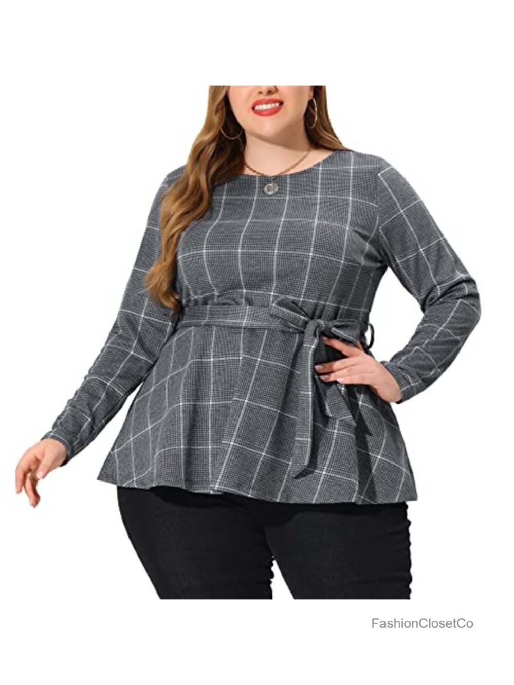 Plus Size Peplum Blouse Tie Waist Houndstooth Long Sleeve 95% Polyester 5%